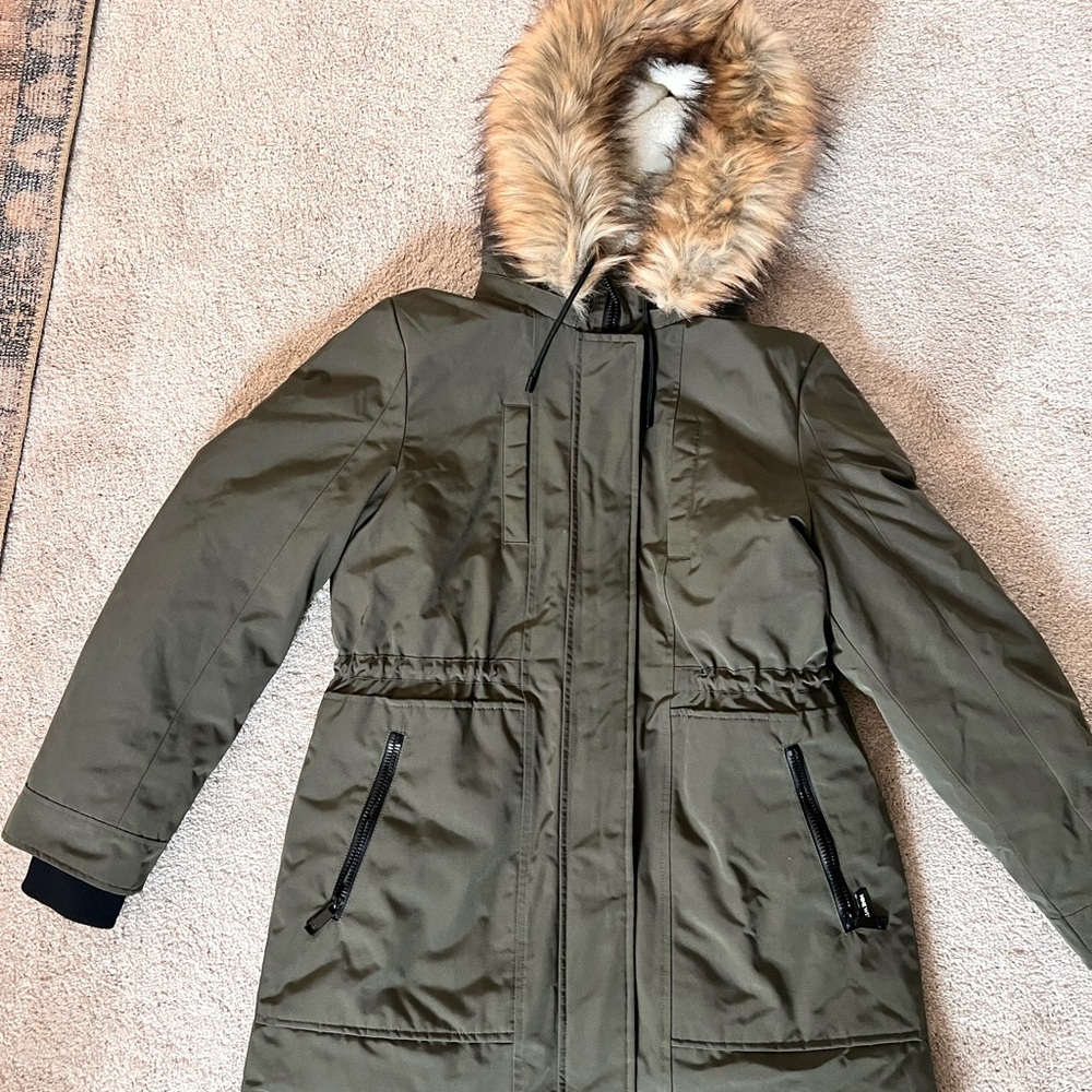 Nine West Fur Trim Hooded Parka Coat Green - Picture 2 of 12